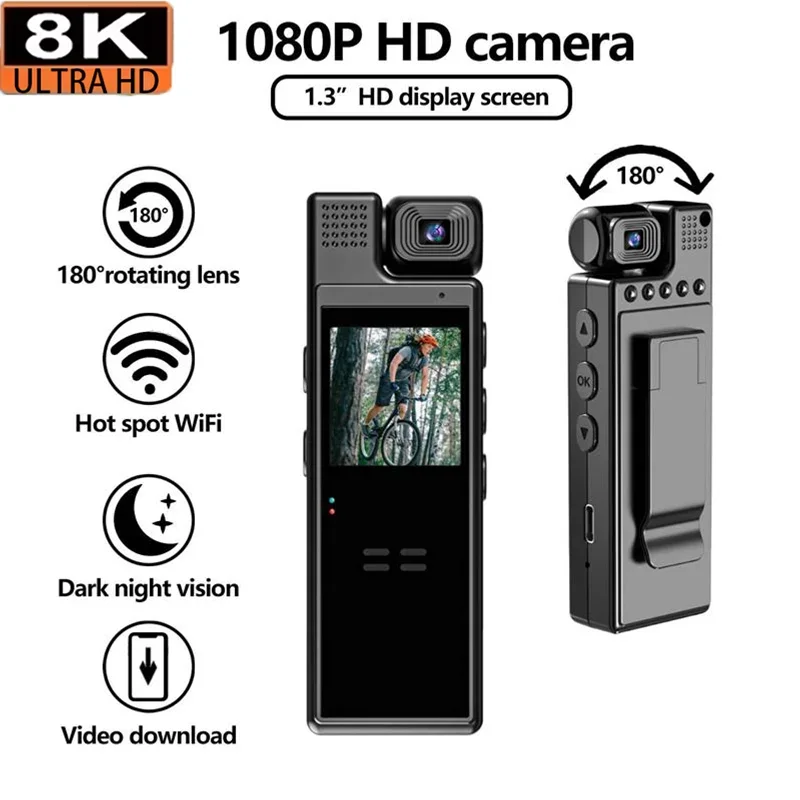 Xiaomi 8k hd mini actiecamera met wifi, 180 ° draaibare achterclip, ir-nachtzicht, sportcamera, reiscamera, fietser, videorecorder: Zwart