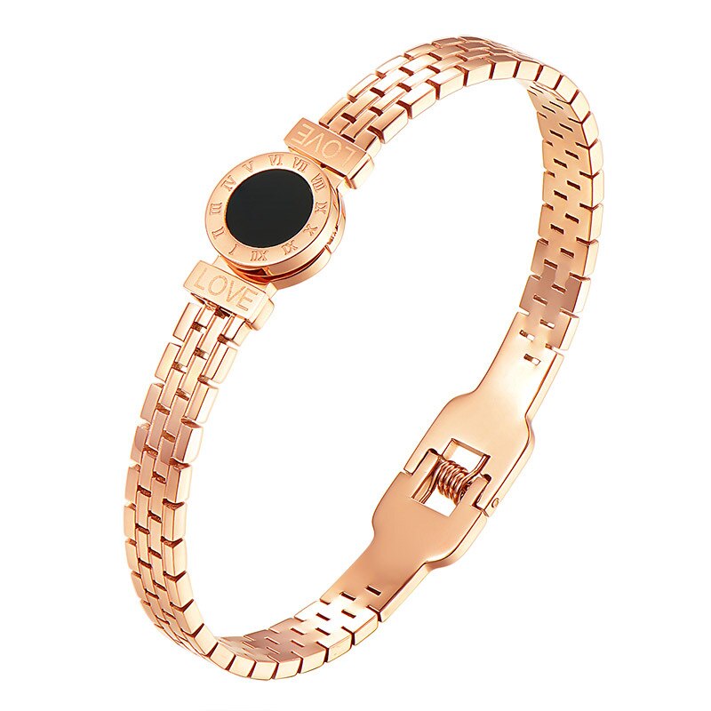Rose Gouden Armband Carving Romeinse Cijfer Lover Manchet Armband Sieraden Roestvrij Stalen Armband Zwart Acryl Armband