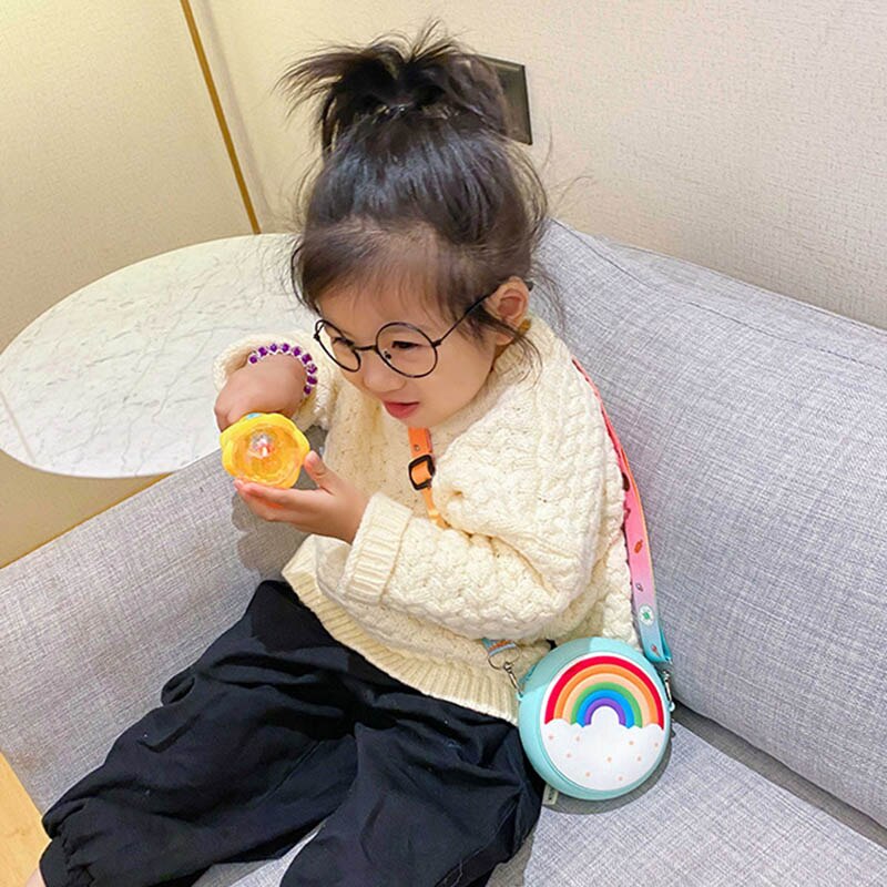 Silicone arco-íris redondo crossbody moeda saco criança menina crianças bolsa de ombro alça ajustável férias viagem bolso pacote