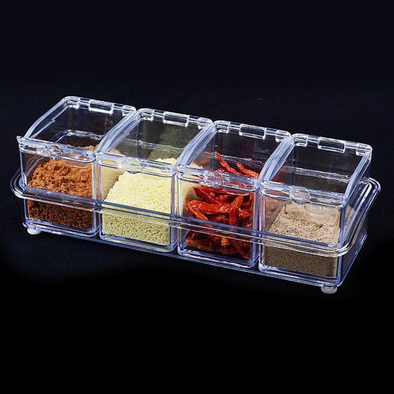 Four Grid Kitchen Seasoning Box Set Crystal Transparent Gadget Salt Kitche Seasoning Seasoning Spoon Sugar Jar Box S9I8