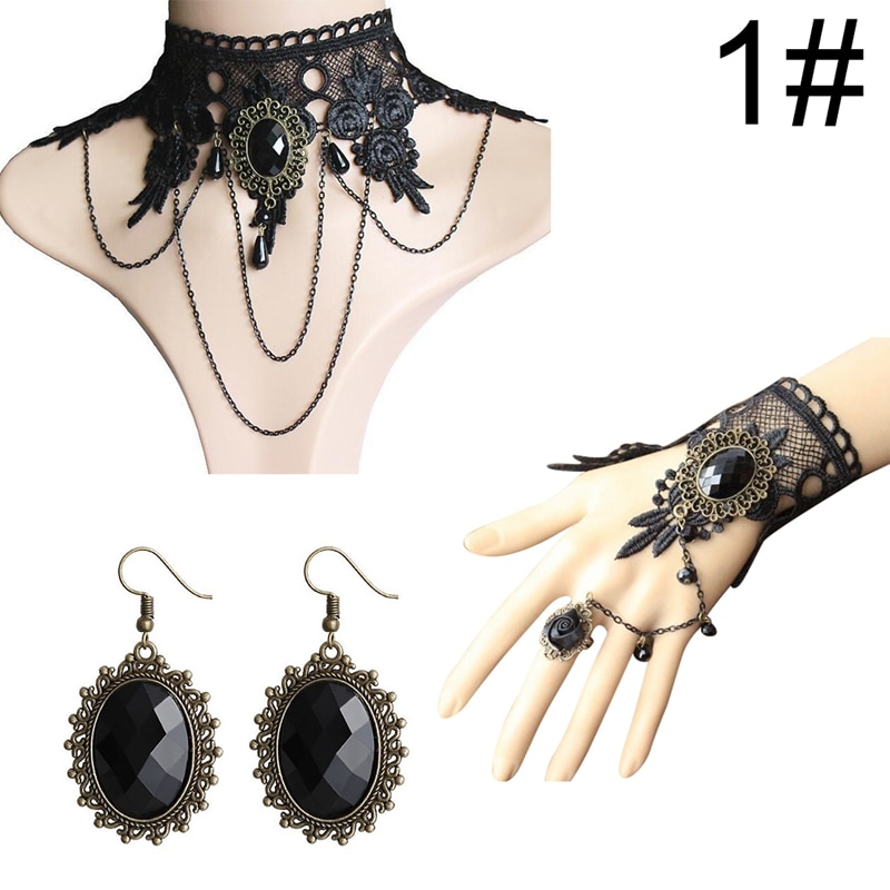 Boho Parure di Gioielli da Donna Vintage Gothic Orecchini Set di Halloween Dei Monili Delle Donne Set Collana Del Choker Del Merletto Anello della Mano Del Braccialetto Set