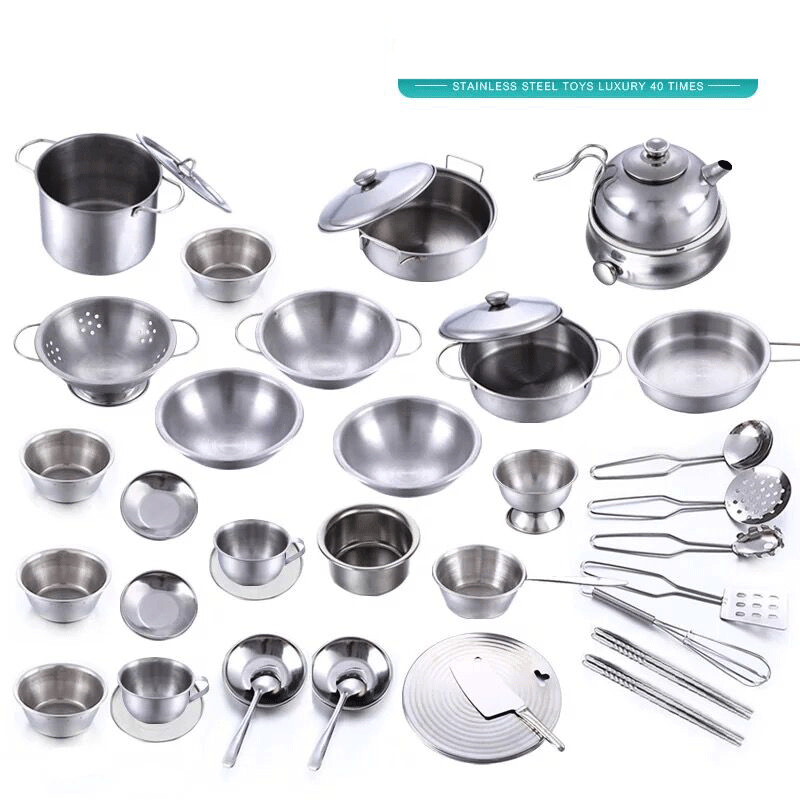 40Pcs Stainless Steel Kids House Kitchen Toy Cooking Cookware Children Pretend & Play Kitchen Playset for Children- Silver