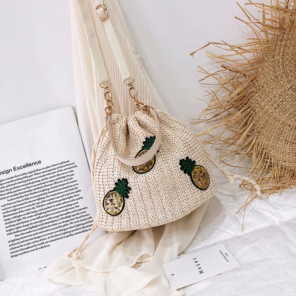 Bolsa de ombro feminina bolsa de ombro saco de balde de palha pineappl mensageiro sacos de praia