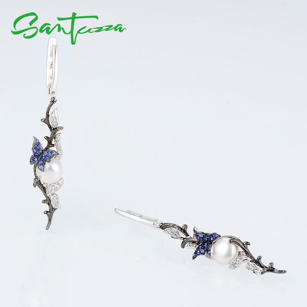 Santuzza Zilveren Oorbellen Voor Vrouwen 925 Sterling Zilveren Dangle Oorbellen Blauwe Vlinder Zoet Water Witte Parel Mode-sieraden