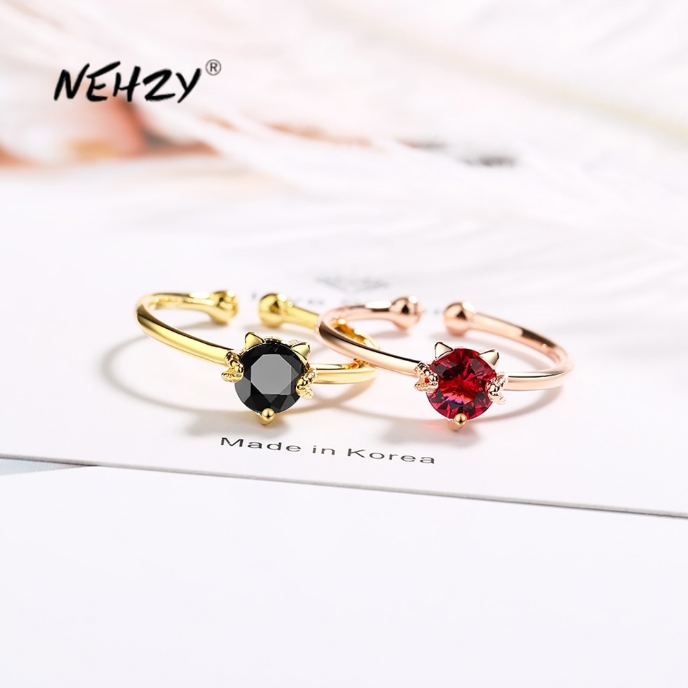 Nehzy S925 Stempel Zilver Vrouw Mode Sieraden Crystal Zirkoon Kat Hart Open Ring Maat Verstelbaar Ring