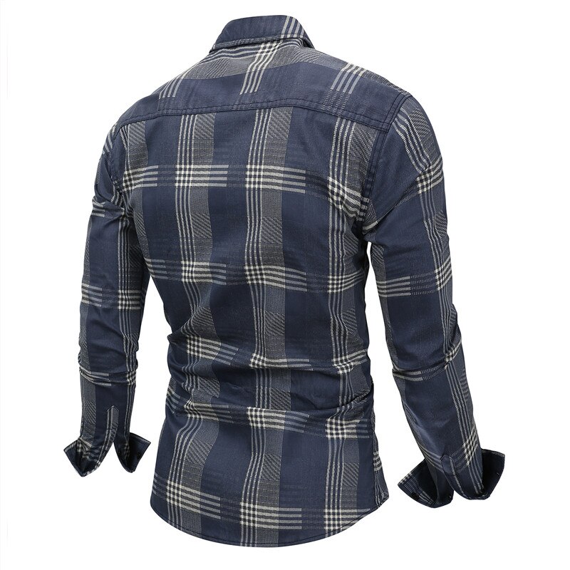 MORUANCLE Men's Casual Plaid Denim Shirts Long Sleeve Jean Shirt Tops For Male Size M-XXXL Blue