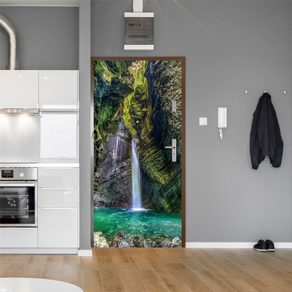 3D Nature paysage cascades portes autocollant mural salon cuisine PVC auto-adhésif étanche autocollant sur la porte papier peint