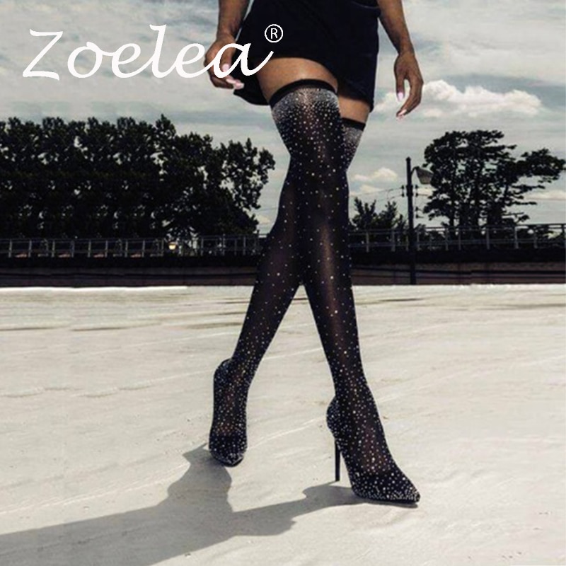 Zoelea femmes cristal Stretch tissu chaussette bottes bout pointu sur le genou talon cuisse haut bout pointu femme botte