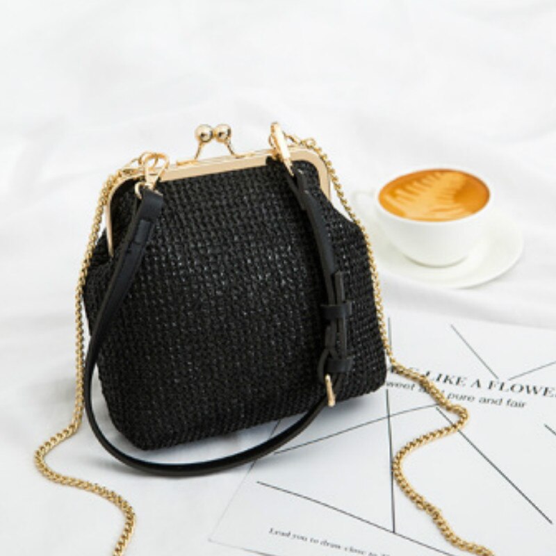 Moda concha saco de palha designer clipe de corrente feminina ombro crossbody sacos rattan bolsas femininas pequeno tecido verão praia bolsas: Black