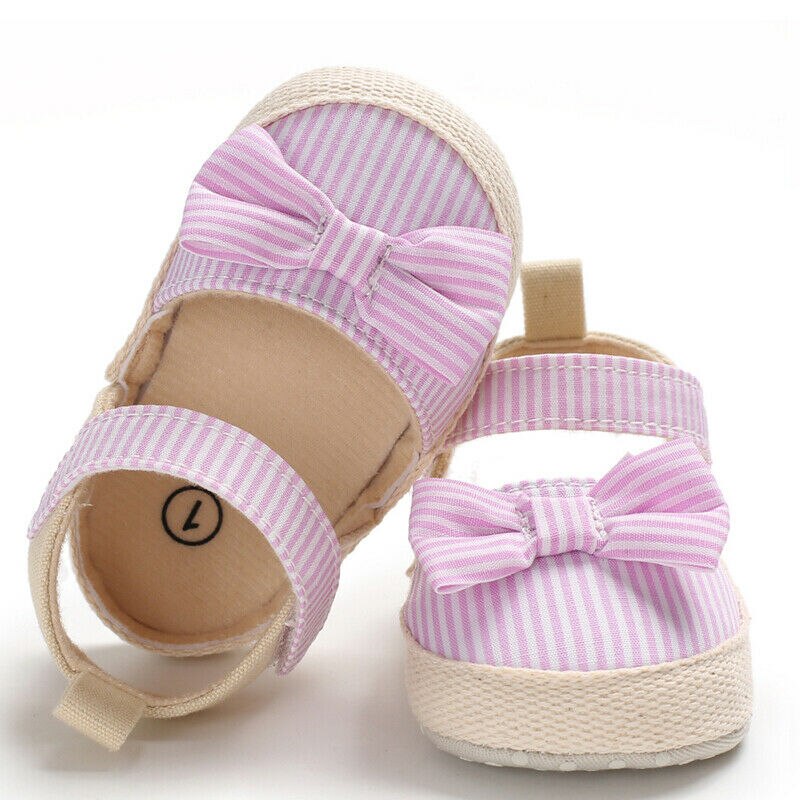 Toddler Newborn Baby Girl Soft Sole Crib Shoes Anti-slip Striped Bow Prewalker Sandals 0-18M