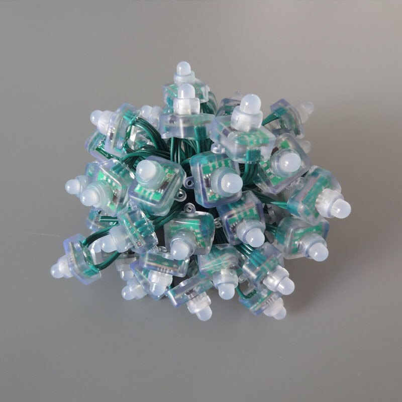 Square type all GREEN wire(20AWG) addressable DC5V 12mm through hole WS2811 led smart pixel node,IP68 rated;50pcs per strand