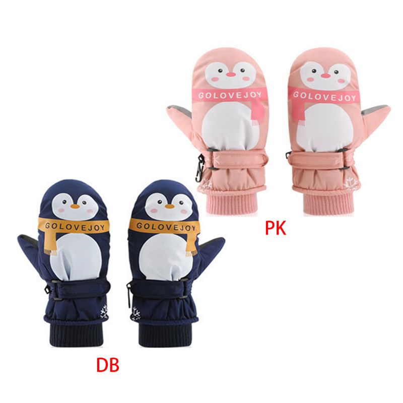 Crianças menino menina dos desenhos animados pinguim luvas à prova ddouble água dupla camada com nervuras manguito ajustável antiderrapante inverno esqui luvas à prova de vento 7-12 t