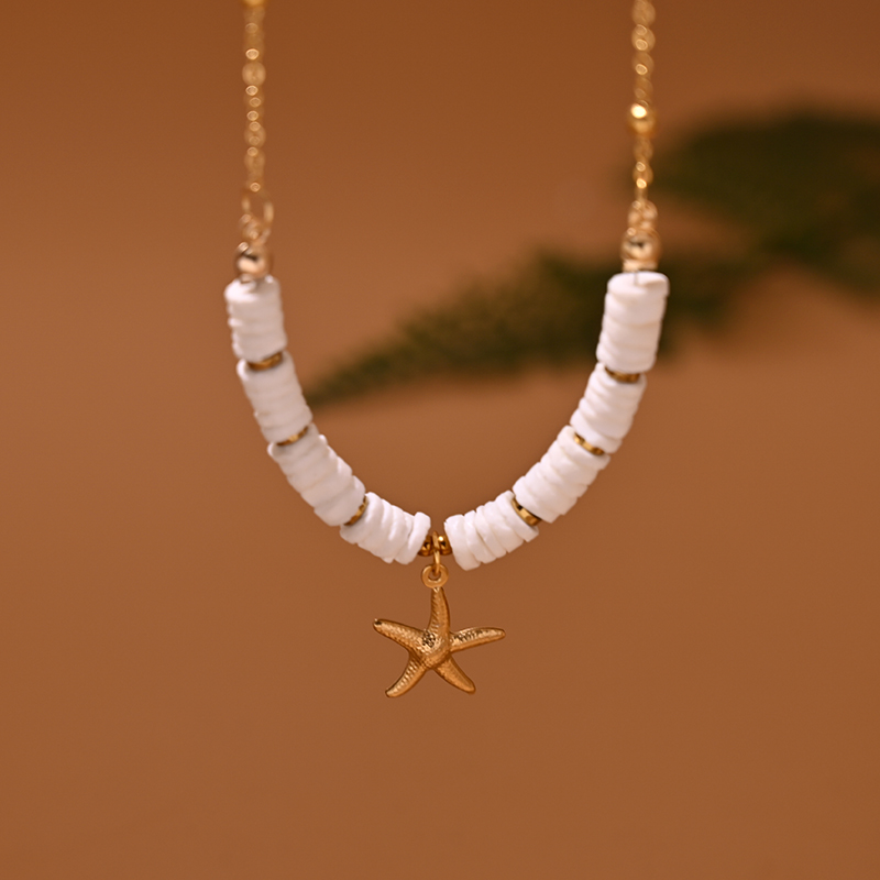 Collier Ras du Cou en Acier Inoxydable pour Femme, Coquille Naturelle, Cœur, Étoile, Bijoux d'Été: Couleur jaune clair