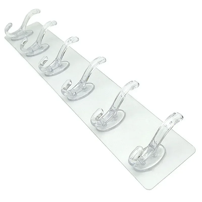 Transparent Plastic Coat Hooks Kitchen Bathroom Six Rows Hooks Punch Free Wall Hook Bathroom Towel Rack Accessories: Burgundy