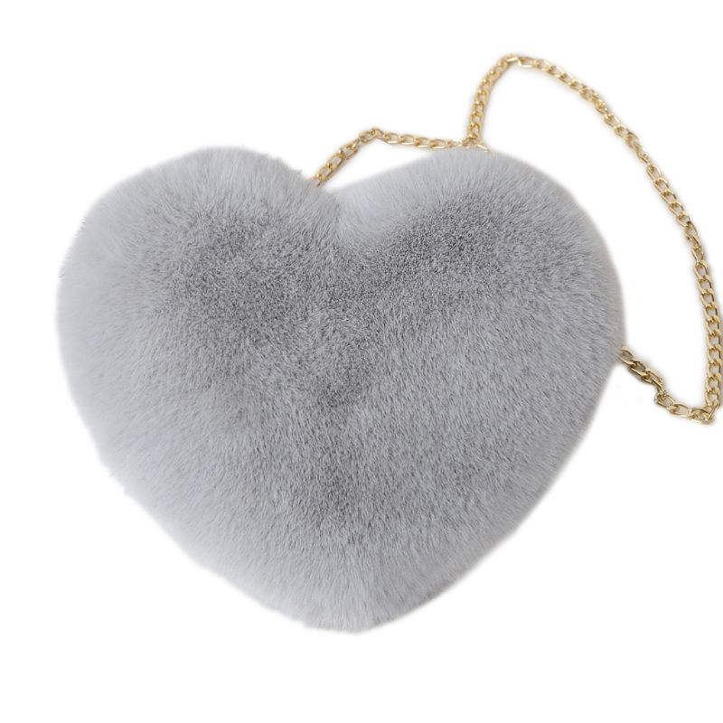 femmes en forme de coeur fausse fourrure bandoulière portefeuille sac à main chaîne sac à bandoulière dame sac à main: Light gray