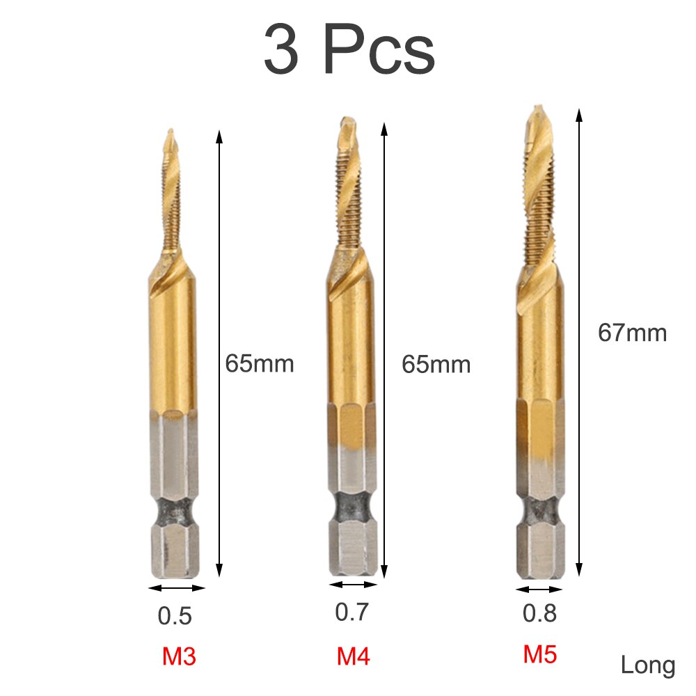 M3-M10 HSS Screw Metric Thread Tap Drill Bits Set Titanium Plated Hex Shank Screw Machine Compound High Speed Change Hand Tool: 3Pcs Long M3 M4 M5