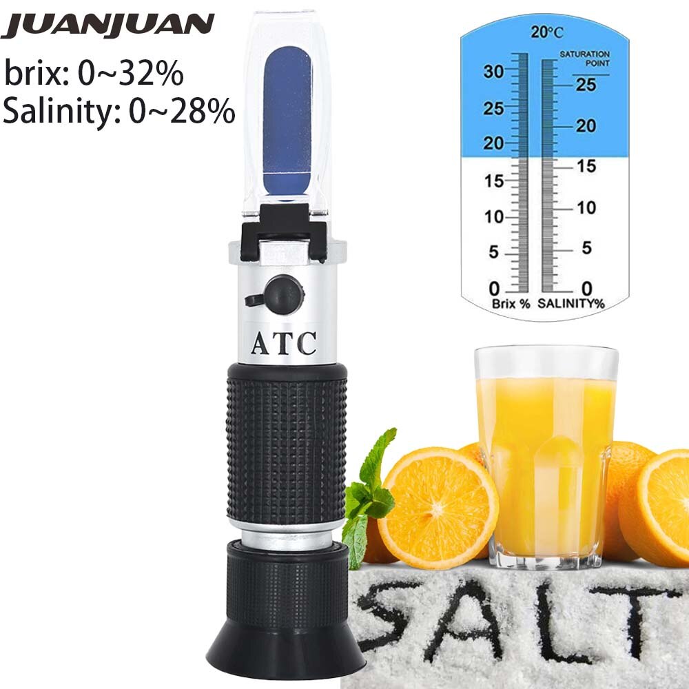 2 in 1 saltholdigheds refraktometer 0-28%  brix 0-32%  sukker måler salt salt refraktometer salt vand 0-10%  test salinometer atc 20%  off: 2 i 1 saltholdighedsmåler