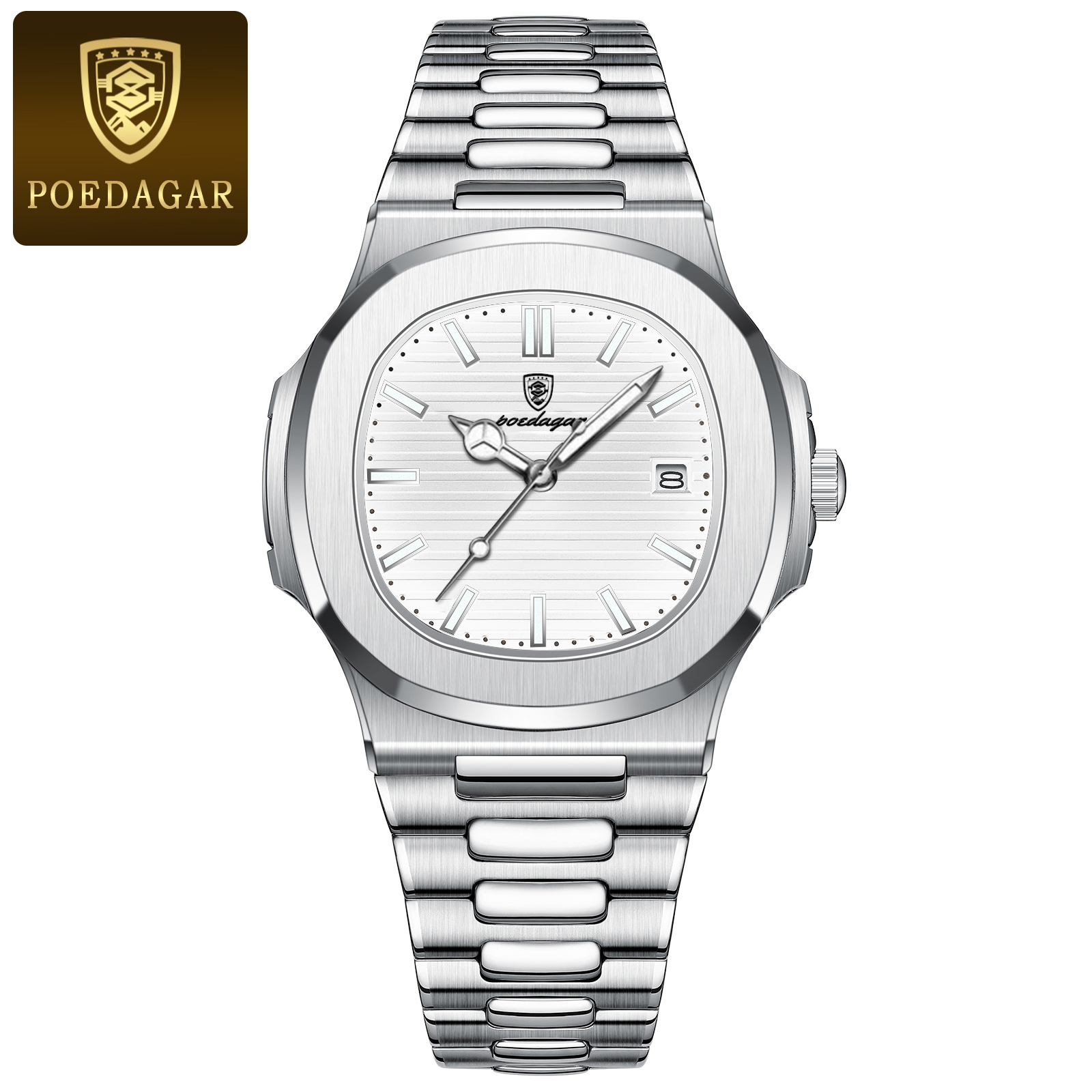 POEDAGAR Luxury Man Wristwatch Business Stainless Steel Quartz Men Watch Waterproof Luminous Date Square Men's Watches Clock+Box: Ivory