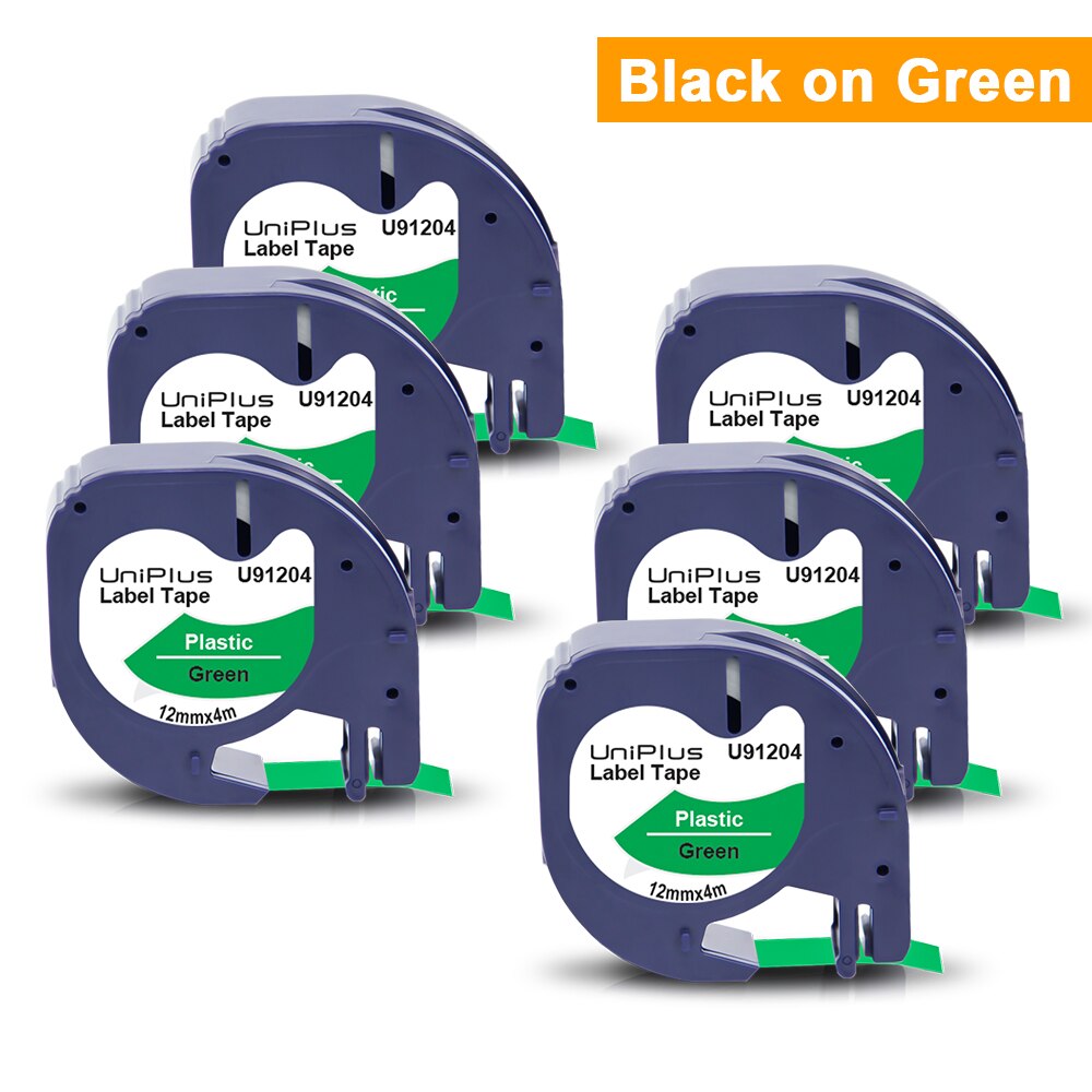 Uniplus 6pk 12267 91201 91202 91203 91204 91205 label tape fit dymo letratag label maker 12mm plastfarvesæt til dymo lt -100: 91204 sorte på grønne