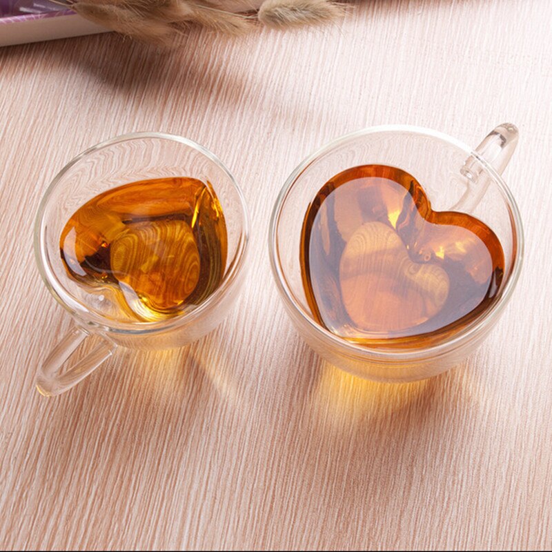 Hjerte kærlighedsformet dobbeltvægs glas krus resistent te øl krus mælk citronsaft kop drinkware elsker kaffekopper krus
