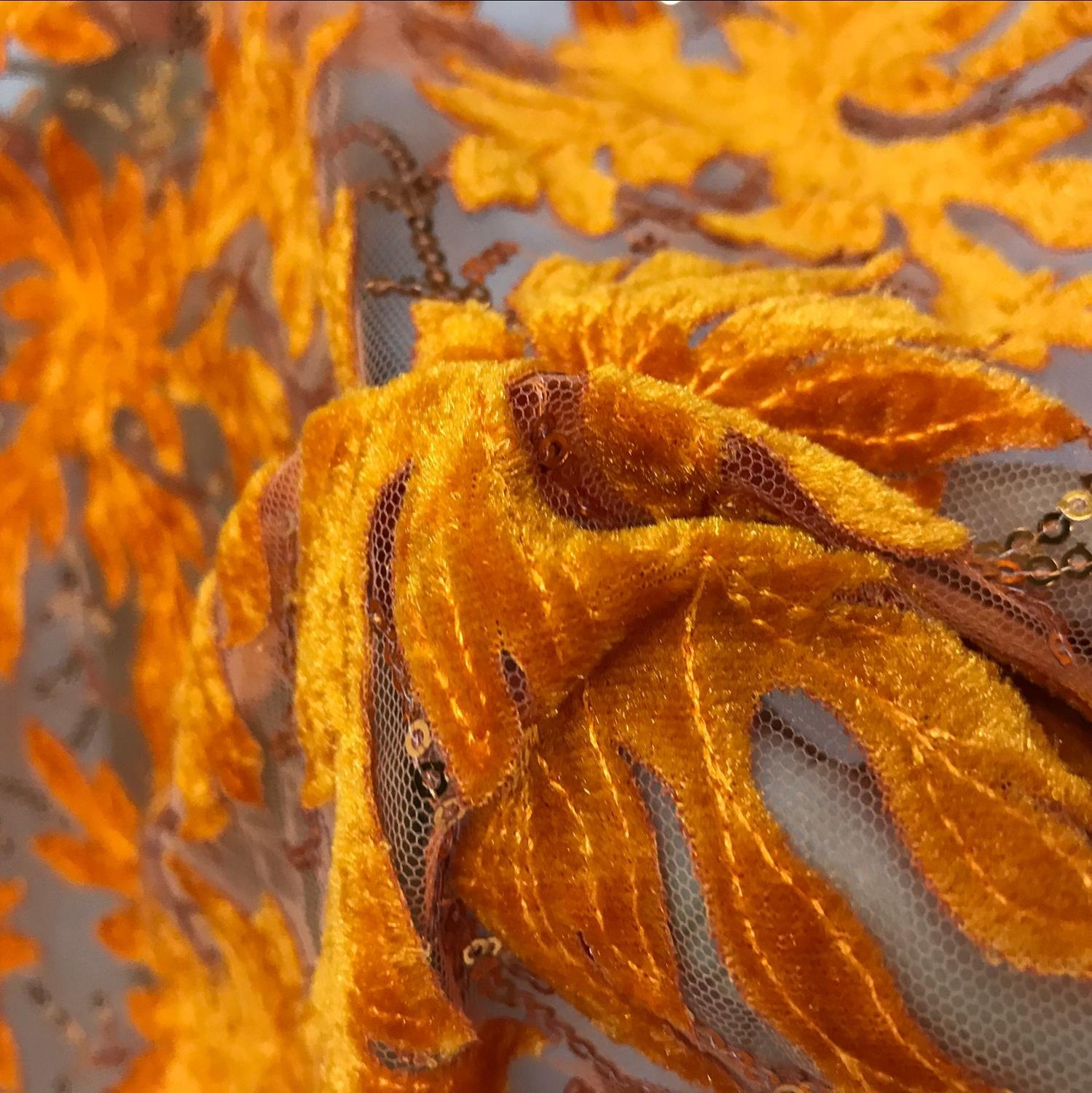 1 Yard Gold Maple leaf velvet lace Fabric With Sequins All around lace for Prom party Dress