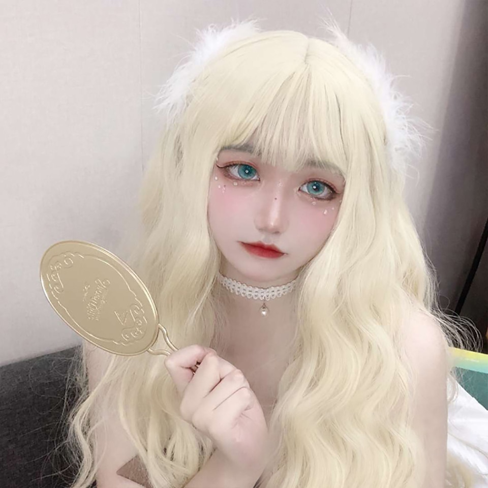 MEIFAN Long Curly Lolita Wigs with Bangs Blonde Harajuku Cosplay Wig Heat Resistant Synthetic Costume Daily Hair Party