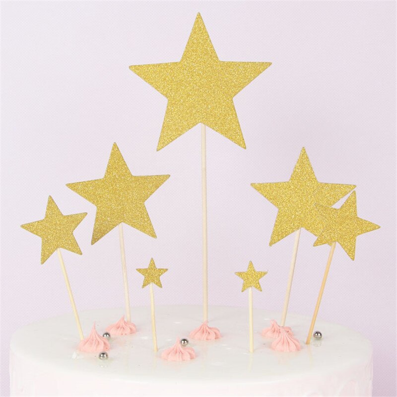 Cakelove 7pcs/Set Red Gold Heart Shape Cake Topper with Toothpick Cake Decorations for Wedding Birthday Party Cute Lovely: Pentagram gold