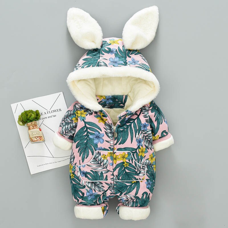 Iyeal 3D Konijnenoren Hooded Baby Rompertjes Winter Thicken Jongens Kostuum Meisjes Warm Baby Snowsuit Kid Jumpsuit Kinderen Bovenkleding: Roze / 9m