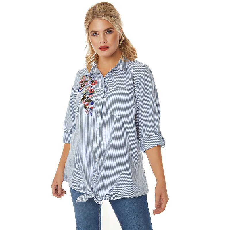 Kisleche, ropa de talla grande para mujer, camisa azul a rayas, bordado de flores, blusa protectora solar suelta de manga larga: XXXL