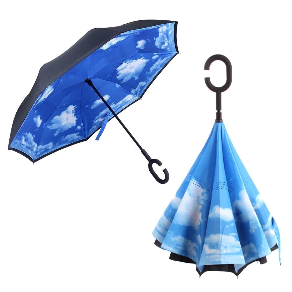 Inverteret dobbeltlags paraply, der kan foldes sammen, vindtæt uv-beskyttelse til bilens udendørs c-formede håndtag: D