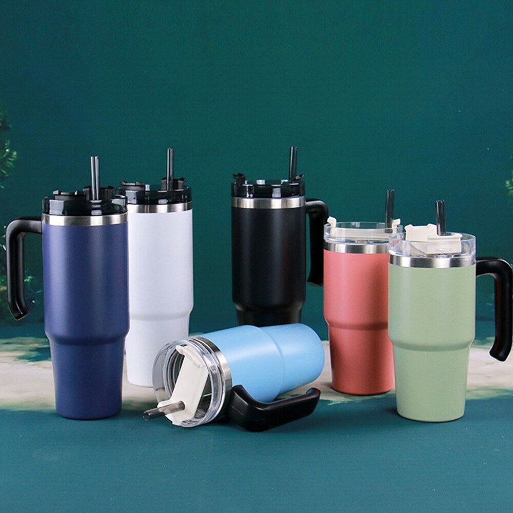 20oz/30oz Stainless Steel Thermos Cup With Straw Coffee Cup Thermal Insulation Ice Cup Car Cup Water Cup With Handle