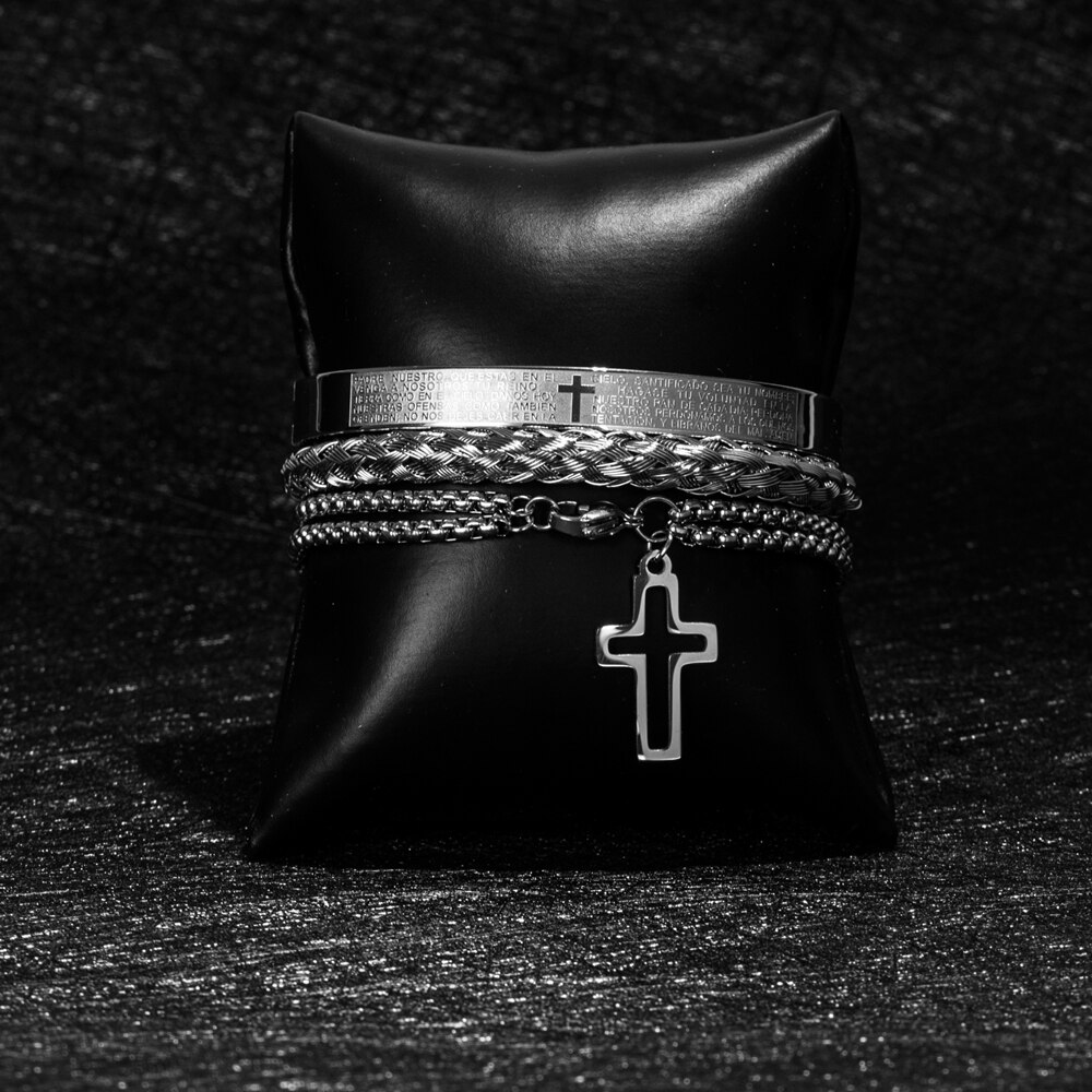 Luxe 3 Stks/set Rvs Cross Armband Mannen Sieraden Charm Open Brangle Carving Spaans Schrift Pulseira Bileklik