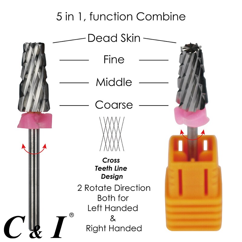 5 En 1 taladro de uñas de forma cónica multifunción, Cross Teeth Edition, broca para máquina de manicura de uñas