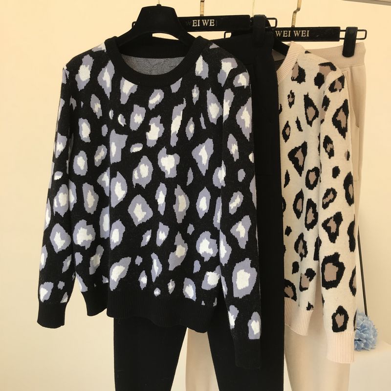 Amolapha dam stickad leopard pullover tröjor+byxor set kvinna jumpers byxor 2 st kostymer outfit