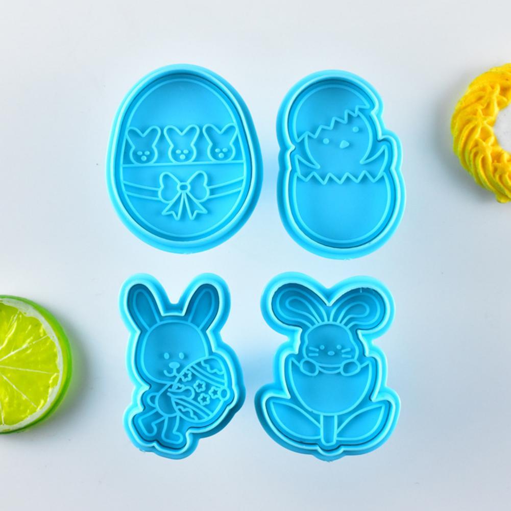 4Pcs DIY Happy Easter Bunny Egg Plastic Baking Mold Kitchen Biscuit Cookie Cutter Pastry Plunger 3D Fondant Cake Baking Tool