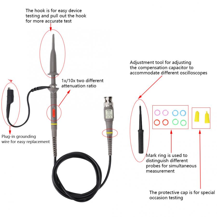 60MHz Bandwidth Oscilloscope Test Probe with 1:1/10:1 Attenuation Oscilloscope Accessories