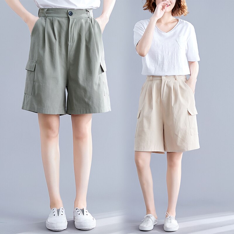 Sommer kæreste cargo shorts kvinder løs elastik talje plus size korte bukser vintage bomuld lange shorts brede ben korte femme