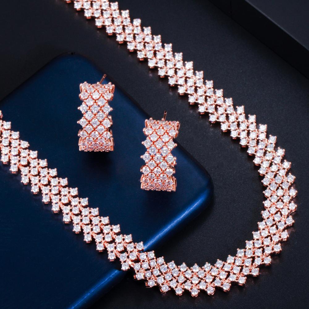 CWWZircons – ensemble de bijoux pour femme, magnifique collier et boucles d&#39;oreilles en zircon cubique, couleur or Rose, T490, 5 couches
