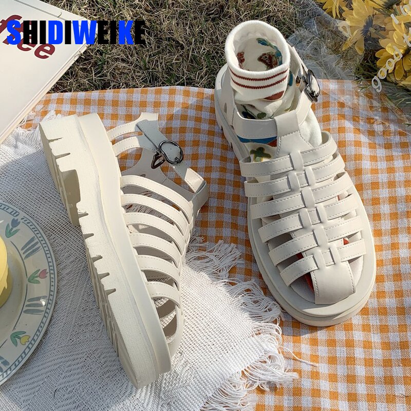 Women Sandals Gladiator Shoes Round Toe Platform Flat Sandals T-Strap Brand Ladies Footwear Black 40 AC941