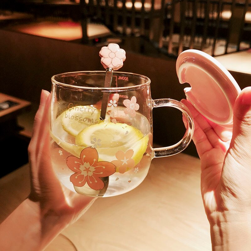 Botella de agua de cristal con flor japonesa para mujer y niña, vaso de cristal con flor de cerezo rosa con cubierta de cerámica, para beber leche