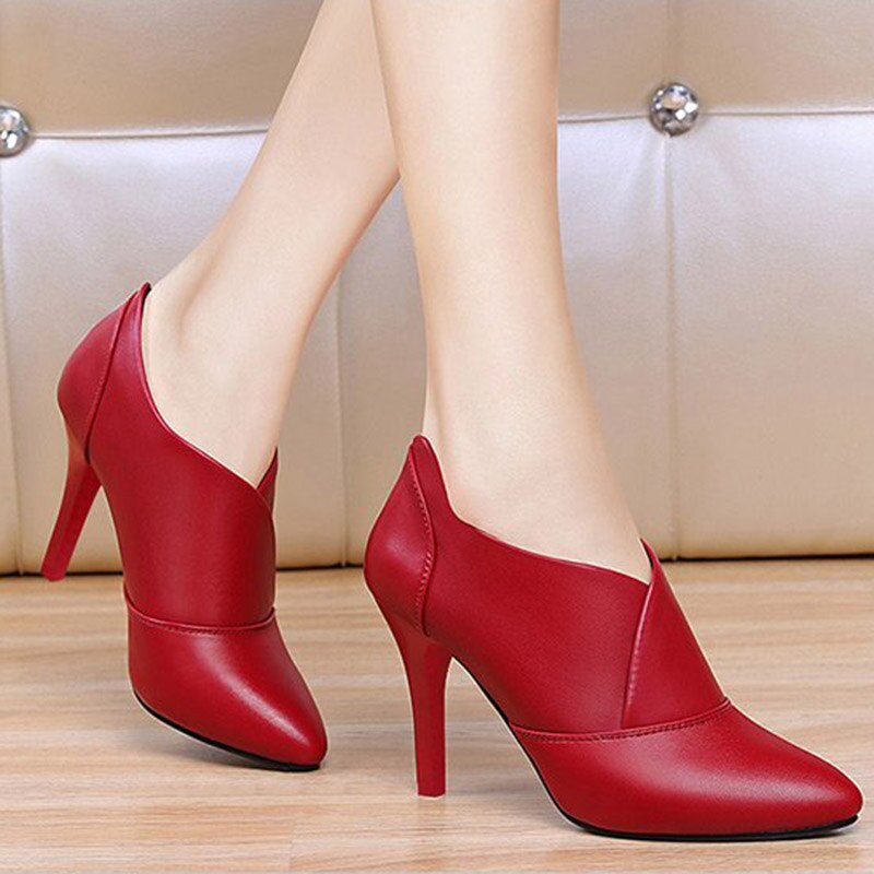 Botas Mujer – escarpins à talons hauts et fins pour femme, chaussures habillées à bout pointu, noires et rouges, 78L62, hiver: Rouge / 8.5