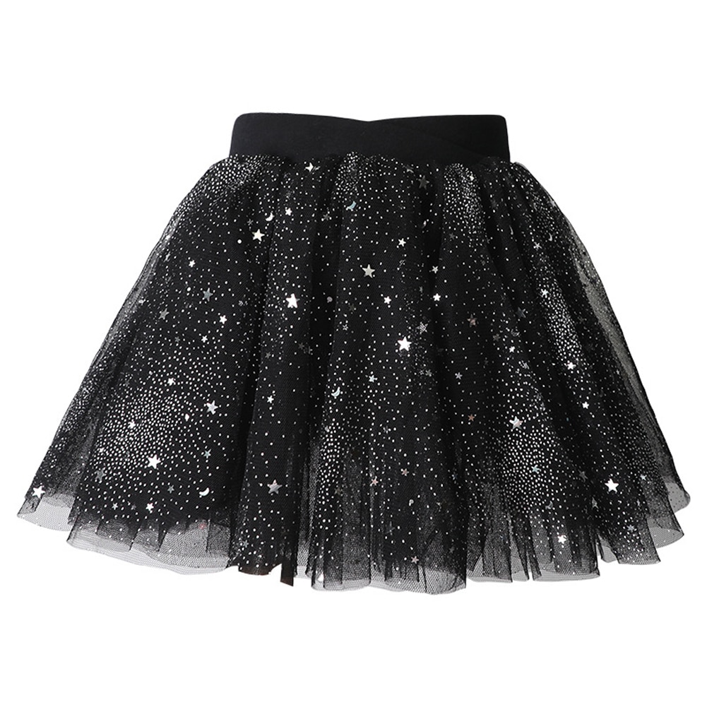 Kids Girls Layered Stars Sequins Tutu Skirt Children Princess Ballet Dance Dress Long Sleeve Fluffy Petticoat Skirt: Black / S