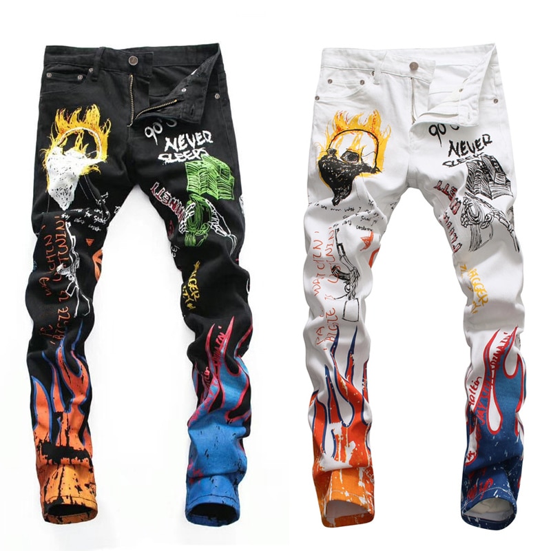 Streetwear heren jeans slim fit elastische persoonlijkheid bedrukte jeans heren nachtclub punk kokerbroek hiphop jeans