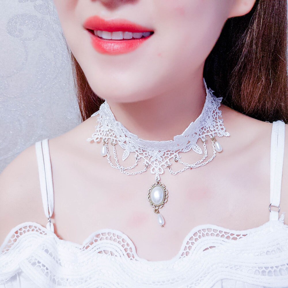 Mode Gothic Wit Crystal Lace Choker Ketting Voor Vrouwen Mode Victoria Vintage Sleutelbeen Keten Kraag Statement Sieraden