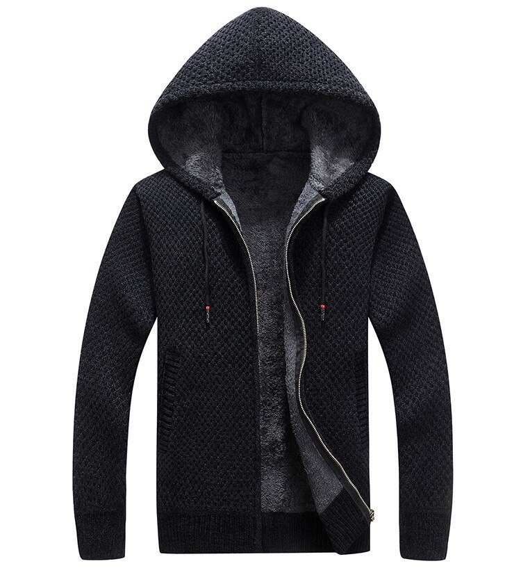 Herfst heren capuchon trui jas winter dikke truien jas heren effen kleur slim fit wollen bont trui bovenkleding 3xl: Zwart / Xxl