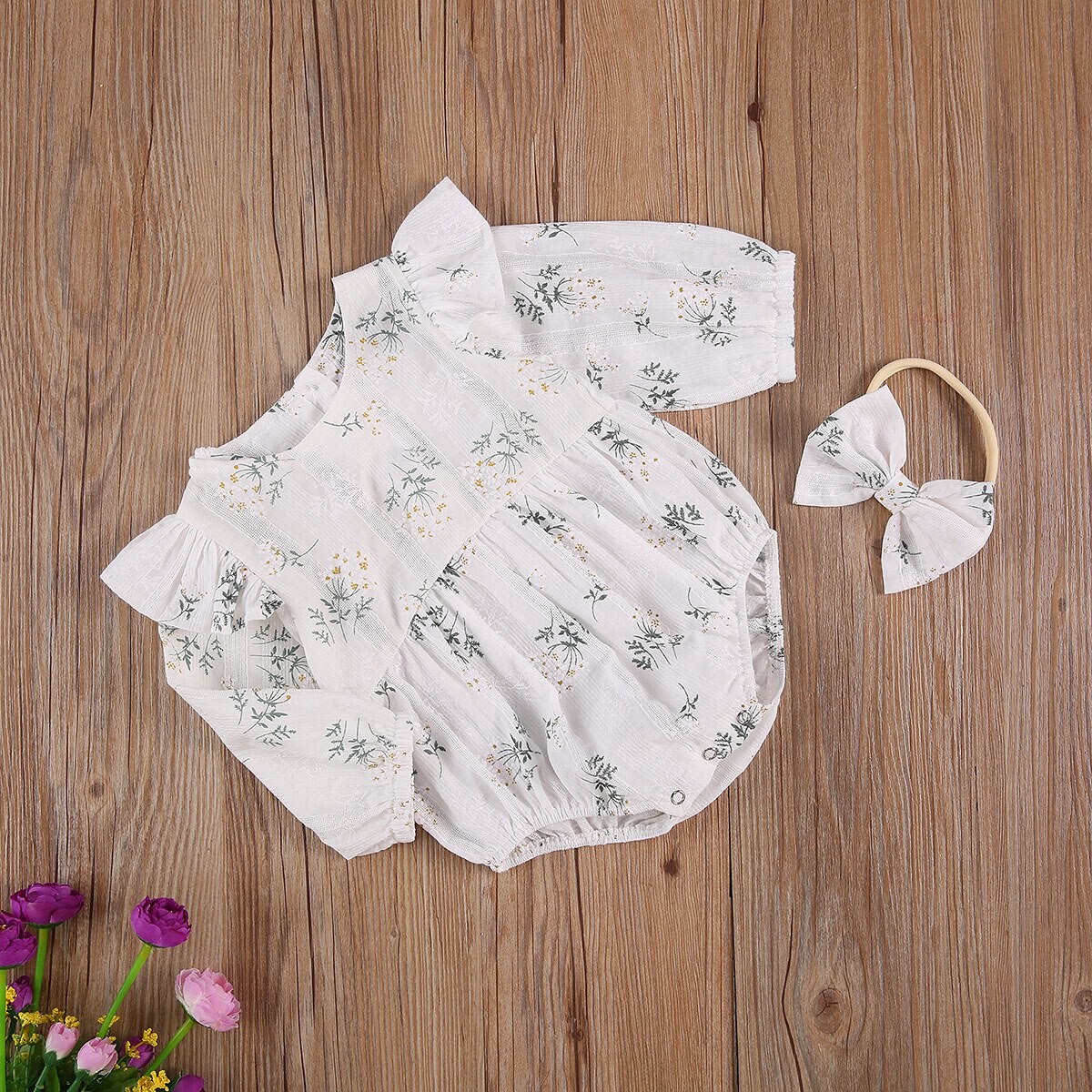 0-24M Infant Baby Girls Boys Bodysuits Headband 2pcs Long Sleeve Ruffles Flowers Print Jumpsuits
