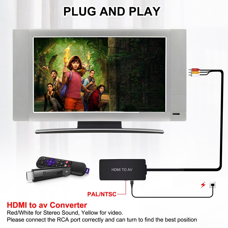 HDMI To CVBS Converter Docking Station HDMI To AV 3RCA CVBs Video Audio Adapter for TV Stick Roku Apple TV PC Laptop Xbox HDTV