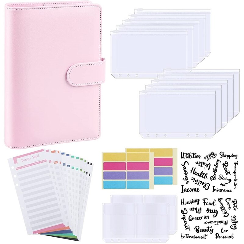 Budget Binder, A6 PU Leather Notebook Planner Organizer Refillable 6 Ring Binder Cover Letter Sticker Labels: Pink