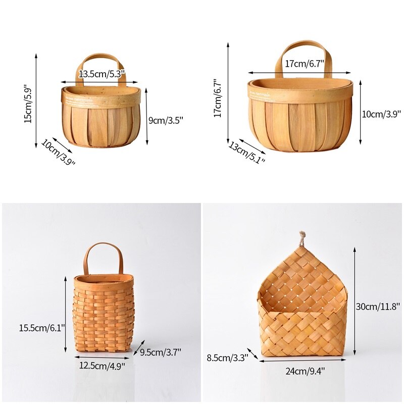Wood Storage Basket Woven Hanging Baskets Kitchen Garden Wall Hanging Flower Baskets Fruit Vegetable Sundries Organizer Decor