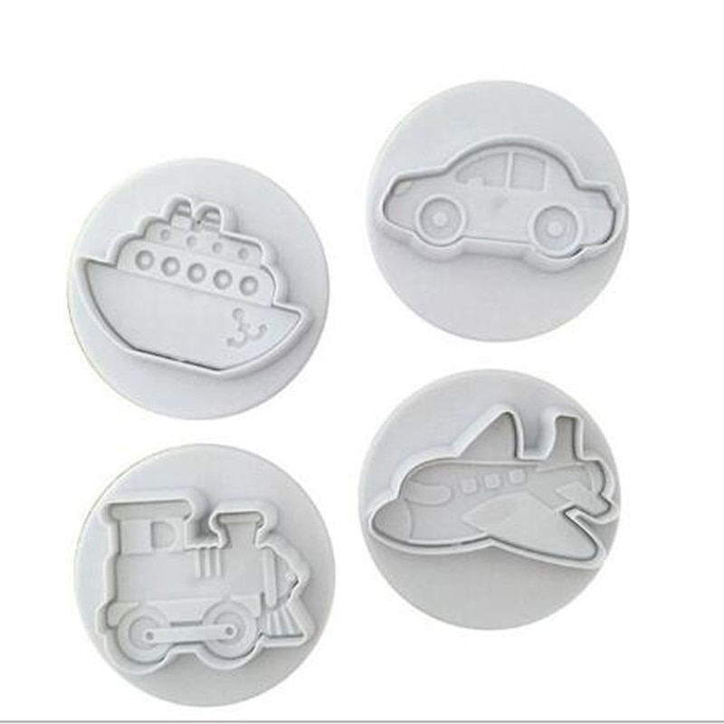 4 stk / sett bil fly lastebil sett plast stempel kutter cookie form preging kake dekorere verktøy fondant form